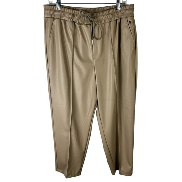 Calia Faux Leather Straight Leg Pant Pull On Elastic Waist Pockets Tan sz L - Picture 1 of 7